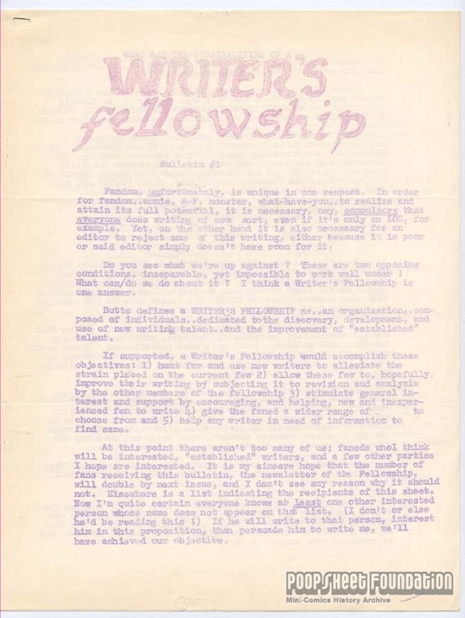 Writer's Fellowship Bulletin #1
