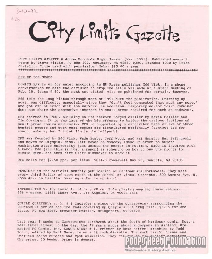 City Limits Gazette (Willis) March 1992, #Jobbo Bonobo's Night Terror
